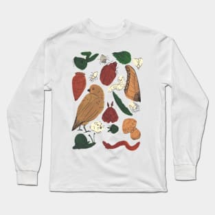 Garden Themed Print Pattern, Birds Bugs and Vegtables Long Sleeve T-Shirt